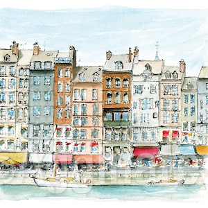 Stampa d’arte di viaggio a Honfleur, Normandia, Francia, Europa, da un dipinto ad acquerello originale, souvenir fatto a mano, regalo di viaggio