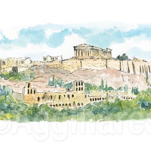 Athene Griekenland Akropolis Parthenon / Europa / reizen fine art print van origineel aquarelschilderij / handgemaakt souvenir / reiscadeau