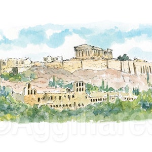 Athens Greece Acropolis Parthenon / Europe / travel fine art print from original watercolor painting / Handmade souvenir / Travel gift