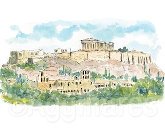 Athene Griekenland Acropolis Parthenon / Europa / reizen fine art print van originele aquarel schilderij / Handgemaakte souvenir / Reiscadeau