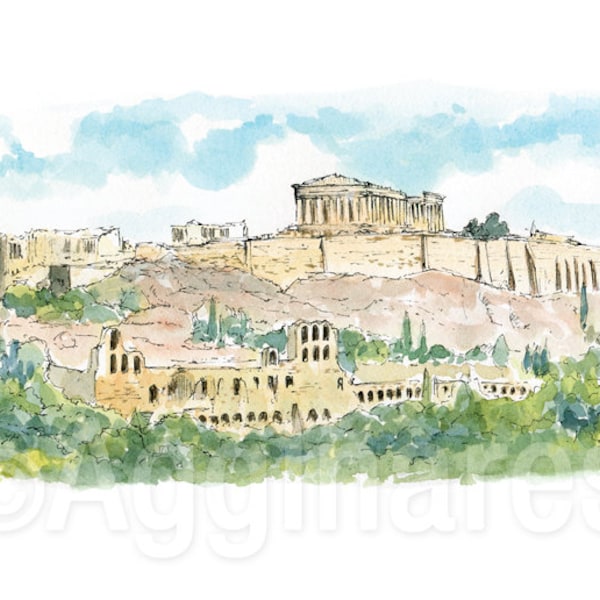 Athens Greece Acropolis Parthenon / Europe / travel fine art print from original watercolor painting / Handmade souvenir / Travel gift