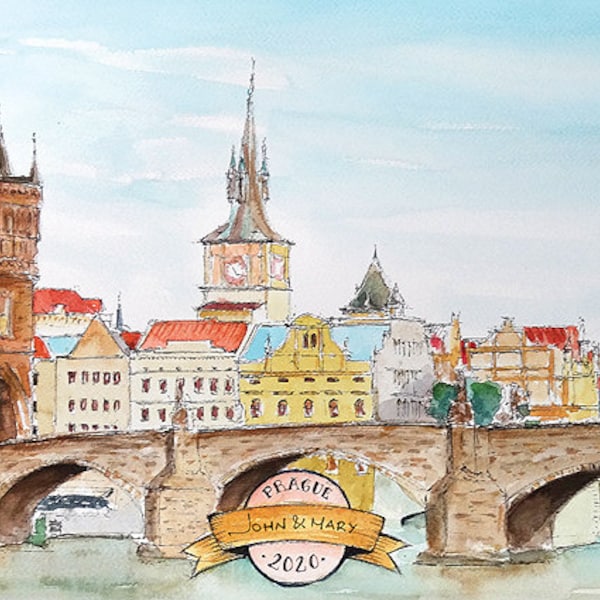 Aquarelle originale personnalisée personnalisée / Demandez-moi de dessiner où vous voulez / Fait main / Pont Charles tchèque de Prague / Europe