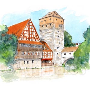 Núremberg / Alemania / Europa / Impresión artística de viaje a partir de una pintura de acuarela original / Recuerdo hecho a mano / Regalo de viaje