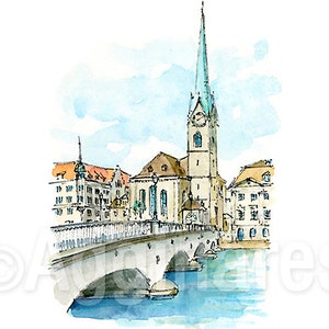 Zurich / Suiza / Suiza / Europa / impresión de bellas artes de viaje de una pintura original de acuarela / Recuerdo hecho a mano / Regalo de viaje