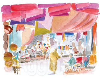 Marrakech Morocco souks market / Maghreb / Africa / art print from an original watercolor painting / Handmade souvenir / Travel gift