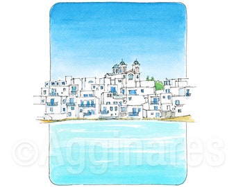 Paros Cyclades Greece / Europe / Greek Islands / travel fine art print from original watercolor painting / Handmade souvenir / Travel gift