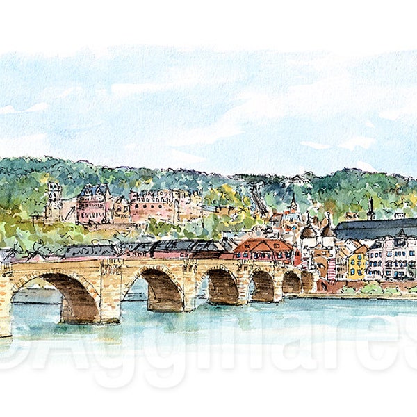 Heidelberg Germany / Europe / travel fine art print from an original watercolor painting / Handmade souvenir / Travel gift