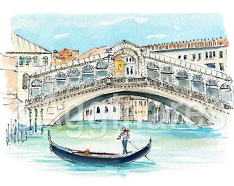 Venetië Italië / Europa / reizen fine art print van een origineel aquarel schilderij / Handgemaakt souvenir / Reiscadeau