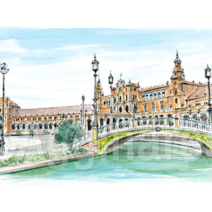 Stampa d’arte di viaggio a Siviglia, Piazza di Spagna, Spagna, Europa, da un dipinto ad acquerello originale, souvenir fatto a mano, regalo di viaggio