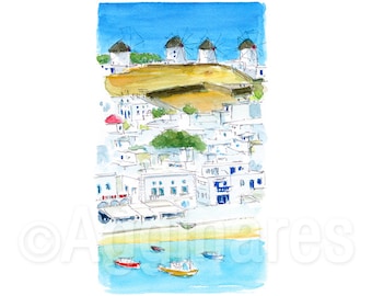 Mykonos Cyclades Greece / Europe / Greek Islands / travel fine art print from original watercolor painting / Handmade souvenir / Travel gift
