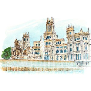 Madrid / Espagne / Plaza de Cibeles / Europe / Impression d'art de voyage à partir d'une peinture à l'aquarelle originale / Souvenir fait main / Cadeau de voyage
