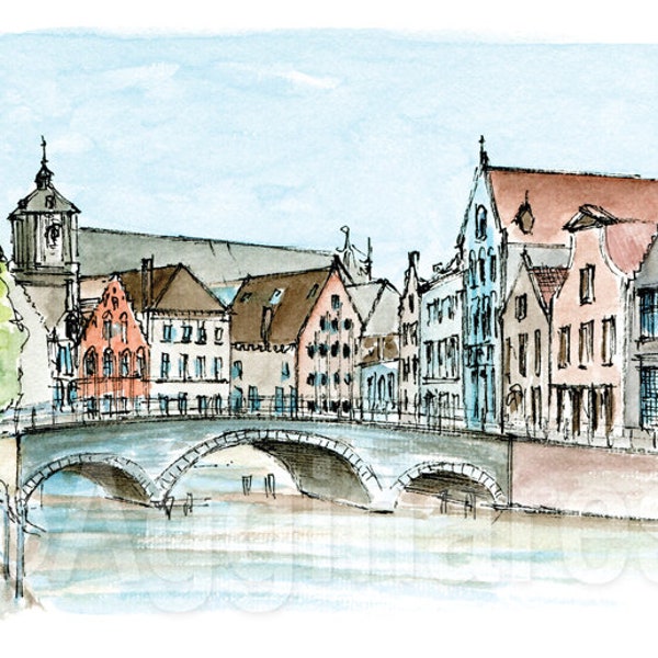 Bruges Belgium / Europe / travel fine art print from an original watercolor painting / Handmade souvenir / Travel gift