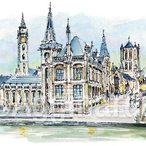 Ghent / Belgium / Europe / travel fine art print from an original watercolor painting / Handmade souvenir / Travel gift