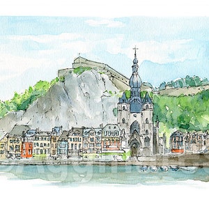 Dinant / Belgium / Europe / travel fine art print from an original watercolor painting / Handmade souvenir / Travel gift