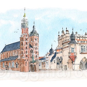 Krakow Poland / Europe / travel fine art print from an original watercolor painting / Handmade souvenir / Travel gift
