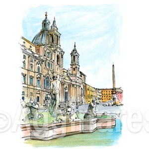 Rome Piazza Navona Italy / Europe / travel fine art print from an original watercolor painting / Handmade souvenir / Travel gift