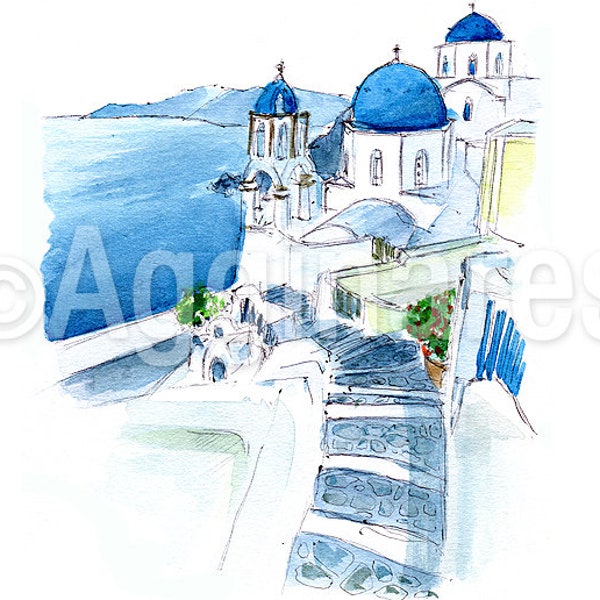 Santorini Greece / Europe / Greek Islands / travel fine art print from an original watercolor painting / Handmade souvenir / Travel gift