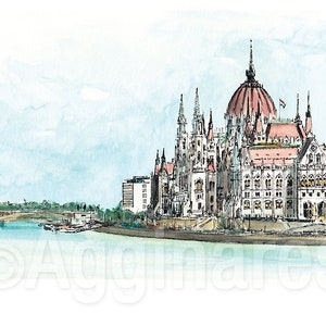 Boedapest / Hongarije / Het Parlement / Europa / reizen fine art print van een origineel aquarelschilderij / Handgemaakt souvenir / Reiscadeau