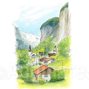 Lauterbrunnen / Zwitserland / Zwitsers / Europa / reizen fine art print van een origineel aquarel schilderij / handgemaakt souvenir / reiscadeau