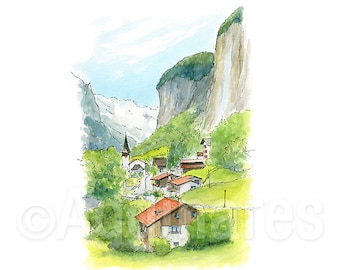 ラウターブルンネン / スイス / スイス / ヨーロッパ / オリジナルの水彩画から作られた旅行用ファインアートプリント / 手作りのお土産 / 旅行ギフト