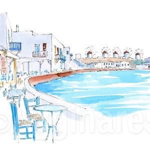 Mykonos/Cicladi/Grecia/Europa/Isole greche/stampa artistica di viaggio dal dipinto ad acquerello originale/Souvenir fatto a mano/Regalo di viaggio