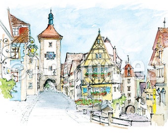 Rothenburg / Germany / Europe / travel fine art print from an original watercolor painting / Handmade souvenir / Travel gift