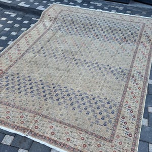 Large Vintage Rug, 7.3&#39; x 10.4&#39; Turkish Beige Rug, Large Oushak Rug, Large Handmade Vintage Rug, Aesthetic Rug, Living Room Rug, Unique Rug