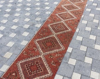 Alfombra turca vintage, alfombra hecha a mano, 1.9" x 10.7" pies, alfombra vintage, alfombra de pasillo, alfombra larga, alfombra Oushak, alfombra de cocina.