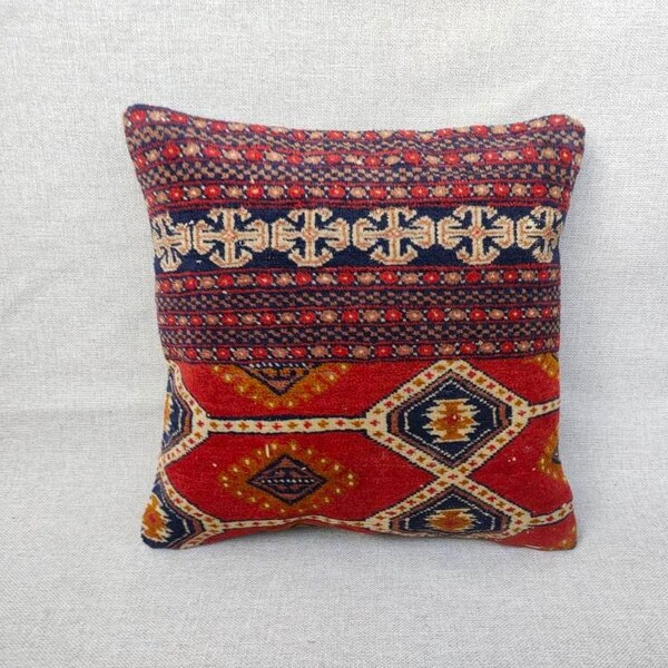 Handwoven Pillow, Bohemian Pillow, Throw Rug Pillow, 16×16 Carpet Pillow, Ethnic Rug Pillow, Rug Cushion, Handmade Pillow, Vintage Pillow