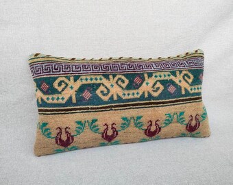 16×30 Oil Green Yellow Pillow, Vintage Pillow Cover, Bohemian Decor, Rug Pillow Lumbar, Soutwestern Pillow, Turkish Rug Pillow, Green Pillow