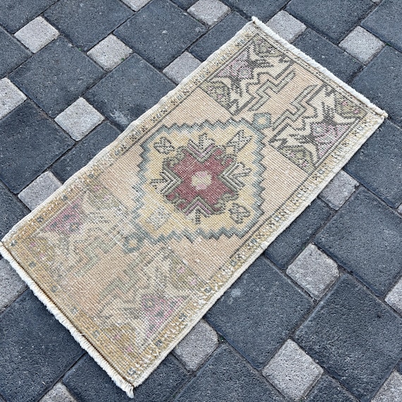 Türkischer kleiner Teppich, 2,9 x 1,5 cm, Vintage-Teppich, handgefertigter Mini-Teppich, Wollteppich, anatolischer Mini-Teppich, Badezimmerteppich, Fußmatte, Oushak-Teppich