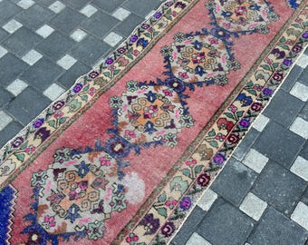 Tappeto passatoia turco vintage, tappeto boho, 91 x 278 cm, tappeto passatoia rosa, tappeto per corridoio, tappeto da cucina, tappeto Oushak, tappeto di lana