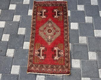 Kleiner türkischer Teppich, Vintage Fußmatte, Ethnischer Fußteppich, 40 x 90 cm, Handgemachter kleiner Teppich aus Wolle, Oushak Teppich, Wollteppich,