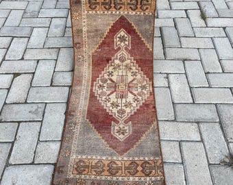 Kleiner türkischer Teppich, Vintage Fußmatte, Ethnischer Fußteppich, 40 x 90 cm kleiner Teppich, Wollteppich, Oushak Teppich, Handgemachter Kleiner Teppich