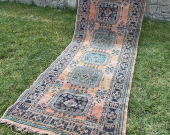 Turkish Runner Rug, 4.4" x 11.4 " Feet Vintage Runner Rug, Long Stair Rug, Corridor Rug, Hallway Rug, Kitchen Rug, Oriental Rug, Wool Rug