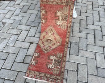 Kleiner türkischer Teppich, Vintage Fußmatte, Ethnischer Fußteppich, 300x100 cm kleiner Teppich, Handgewebter Wollteppich, Oushak Teppich, Handgemachter Kleiner Teppich
