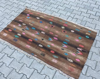 Vintage Kilim Rug, 3.3x5.7 Turkish Rug, Woven Rug, Oushak Rug, Hand Made Rug, Area Rug, Wool Rugs, Boho Wool Rug, Unique rug, Brown Kilim
