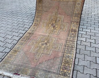 tapis vintage, tapis turc fait main 4,3 'x 8,0', tapis Oushak, tapis noué à la main, tapis en laine délavée, tapis oriental, tapis bohème
