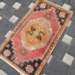 May include: A rectangular area rug featuring a central geometric medallion in shades of beige, orange, and black on a coral red field. The border displays dark charcoal corners with floral motifs and a fringed edge on the top and bottom ends.