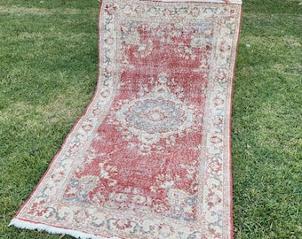 Vintage Red Rug, 4.1x7.2 Turkish Rug, Old Rug, Handknotted Rug, Wool Rug, Living Room Rug, Bohemian Rug, Tribal Rug, Oriental Rug, Area Rug