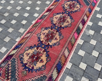 Vintage Runner Rug, 3.2" x 8.2 Turkish Runner Rug, Oushak Rug, Oriental Runner Rugs, Corridor Rug, Long Stair Rug, Dark Pink Rug