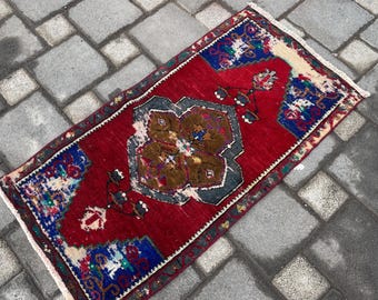 Alfombra pequeña vintage de 7,5 x 3,8 cm, Oushak, pequeña, Anatolia, turca, hecha a mano