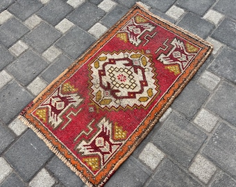 Vintage Türkischer Kleiner Teppich, Vintage Fußmatte, Ethnischer Fußmatte Teppich, 50 x 90 cm, kleiner Teppich, Oushak Teppich, Handgemachter Teppich