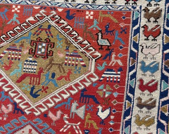 Vintage Soumak Kilim, Vintage Rug 3.2" x 4.4" Ft, Oushak Rug, Oriental Rug, Bohemian Rug, Handmade Rug, Living Room Rug, Decorative Area
