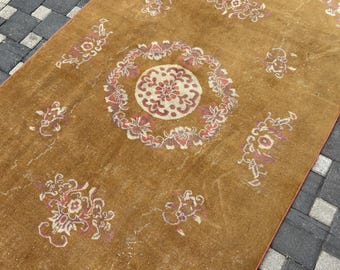 Alfombra vintage de 5.2' x 8.2', alfombra turca, alfombra floral, alfombra anudada a mano, alfombra tradicional, alfombra bohemia, alfombra turca, alfombra hecha a mano, alfombra antigua