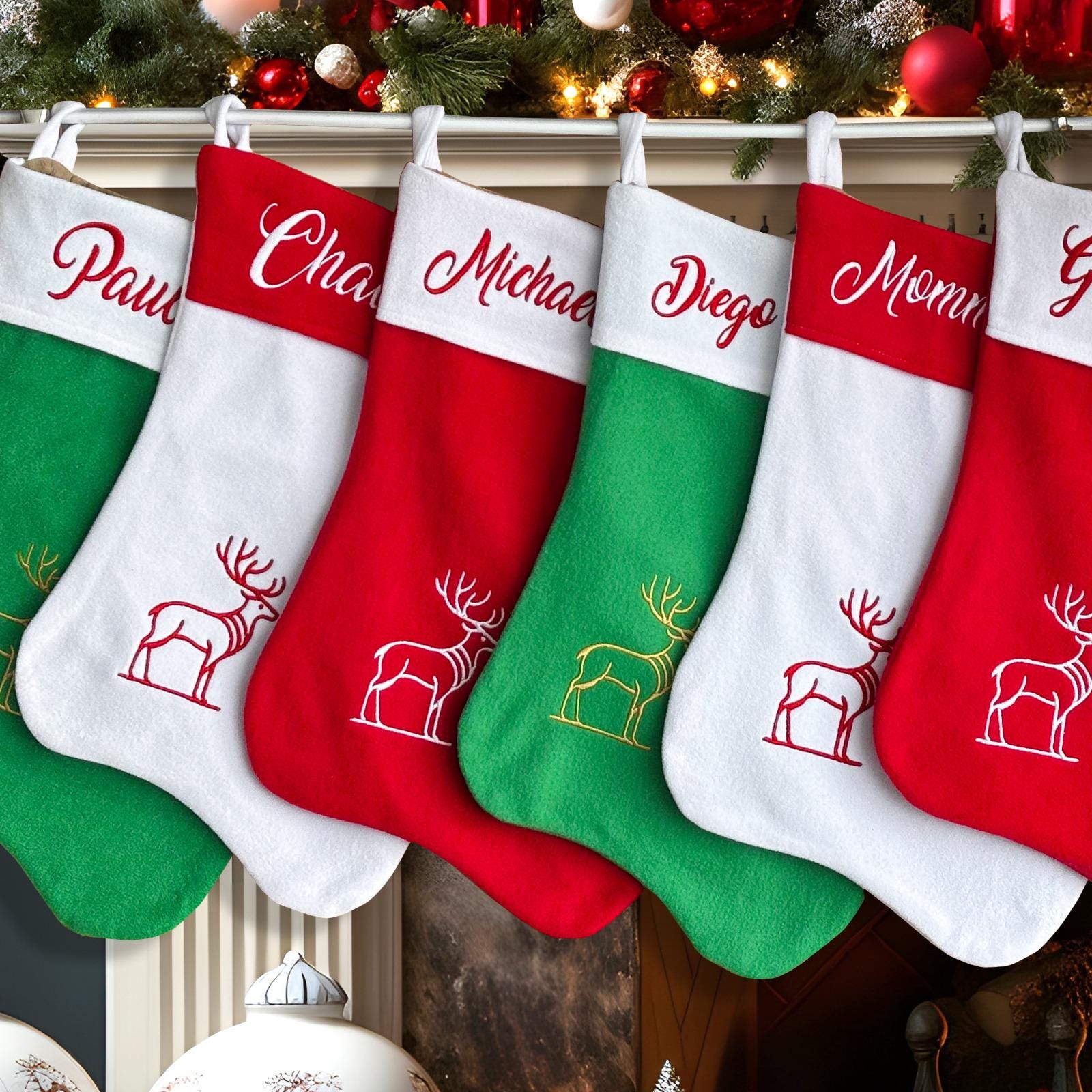 Tkanina 2 Calze Di Natale Personalizzate Con Nome – 45 Cm – Rosse E Verdi – Per Camino, Decorazione Festa - 4