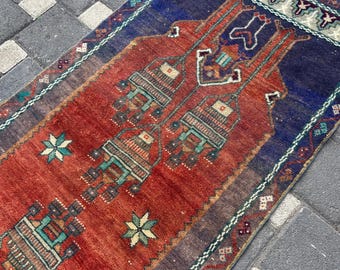 Vintage Turkish Rug, 2.8x6.9 Handmade Rug, Oriental Wool Rug, Handknotted Rug, Living Room Rug, Oushak Wool Rug, Geometric Rug, Woven Rug
