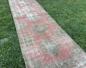 Vintage Turkish Runner Rug, Handmade Runner Rug, 3.3" x 11.8" Ft Pink Runner Rugs, Oriental Runner Rug, Kitchen Runner Rug, Stair Runner Rug