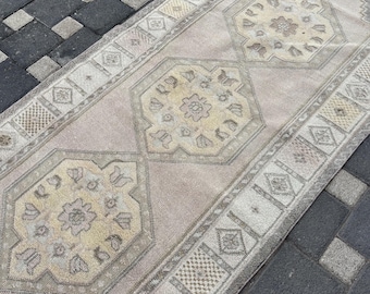 Vintage Runner Rug, 3.3x9.4 Turkish Rug, Bohemian Wool Rug, Stair Rug, Pink Rug, Kitchen Rug, Oushak Runner Rug