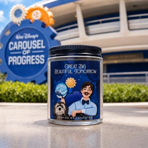 May include: A clear glass candle jar with a black lid featuring a label that reads Great Big Beautiful Tomorrow and Inspire Me Candle Co. The label depicts a cartoon man with a mustache and bowtie, a shaggy dog, and a Niagara Falls sign.